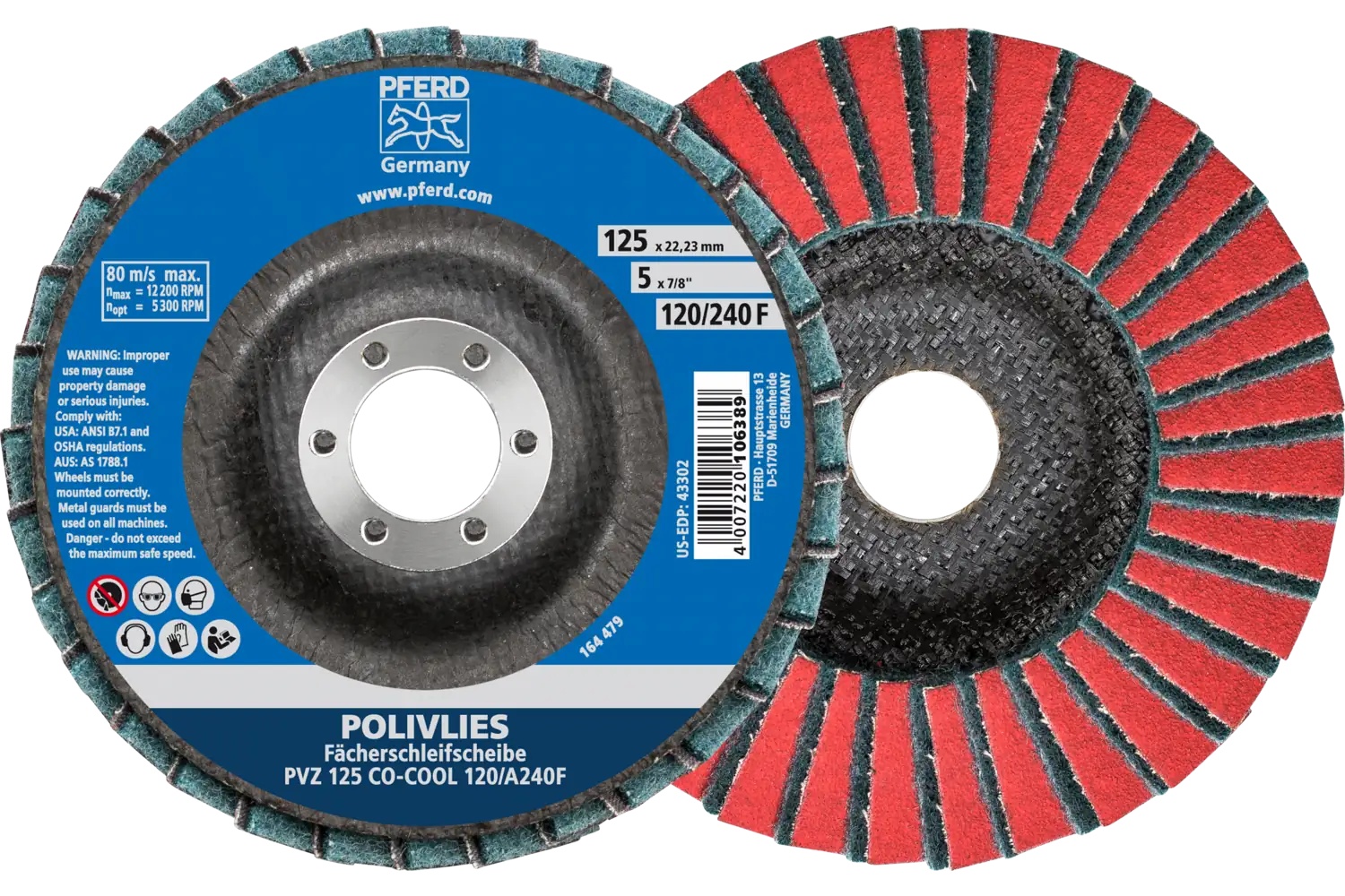 Picture of Pferd Polivlies® Non-Woven Flap Disc, 5" x 7/8, 120 Grit, Fine, Ceramic oxide Co-Cool